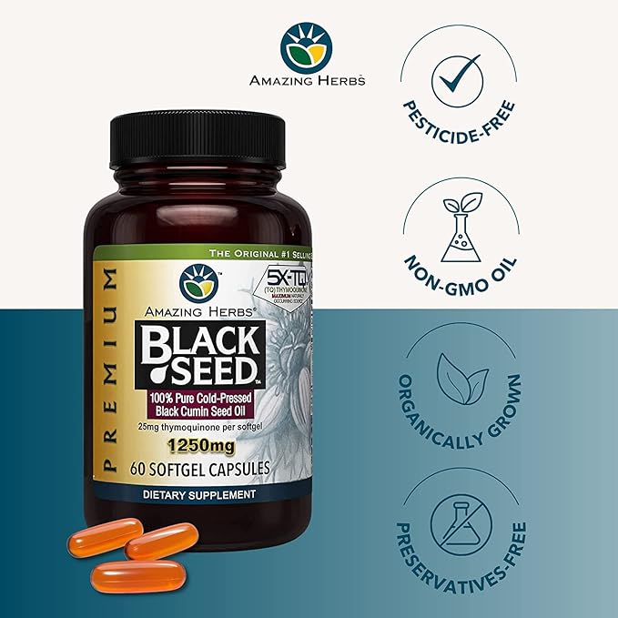 Amazing Herbs Premium Black Seed Oil Capsules - High Potency, Cold Pressed Nigella Sativa Aids in Digestive Health, Immune Support & Brain Function - 1250mg (60 Count, Pack of 3)