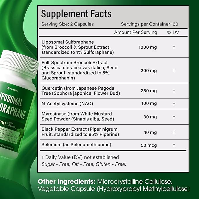 FloraBliss 120 Liposomal Sulforaphane Supplement+ 1000mg Capsules - Broccoli Extract | with Quercetin, Selenium & NAC - High Potency Non-GMO - Vegan - Non GMO