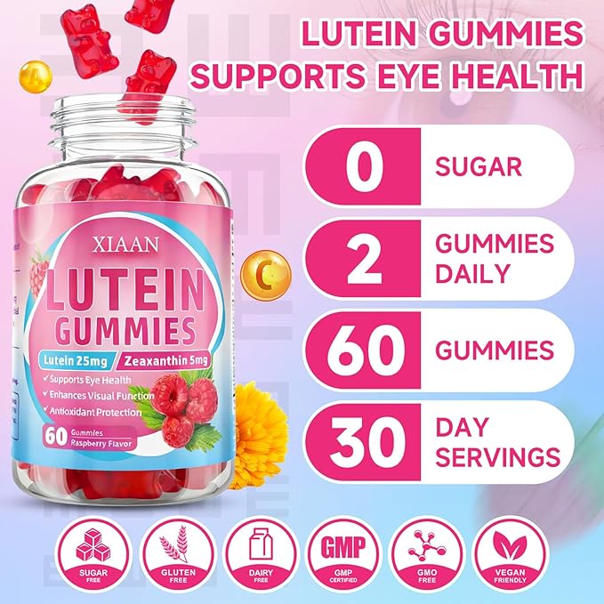 Lutein and Zeaxanthin Supplements, Lutein Gummies with Zeaxanthin,Vitamins A, C, E, Bilberry, Astaxanthin for Vision Health & Eye Strain, Sugar-Free/Vegan, Raspberry Flavor 60 Count