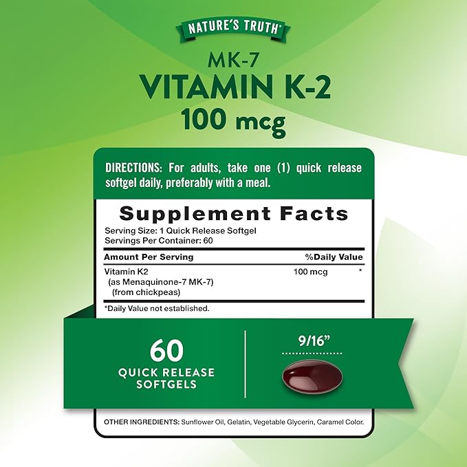 Nature's Truth Vitamin K2 MK-7 | 100 mcg | 60 Softgels | Non-GMO & Gluten Free Supplement