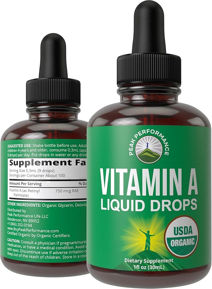 USDA Organic Vitamin A Liquid Drops Supplement - Vegan High Bioavailability for Eye, Skin + Bone Health - for Adults, Men, Women, Kids - Vit A Oil Retinyl Palmitate - Gluten Free, Zero Sugar 1 fl oz