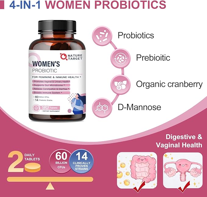 NATURE TARGET Women's Probiotics & Prebiotics, Cranberry & D-Mannose, 50-Billion-CFUs, Organic Probiotics for Digestive Health/Gut Health/Immune Booster/Weight Management