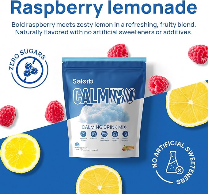 Selerb CalmTrio Magnesium Glycinate Powder Cortisol Drink Mix - No Sugar with L-Theanine, Ksm-66® Ashwagandha, Lemon Balm, Vitamin D3, B6, Supplements for Relax, Focus & Calm, Raspberry Lemon 20 Ct