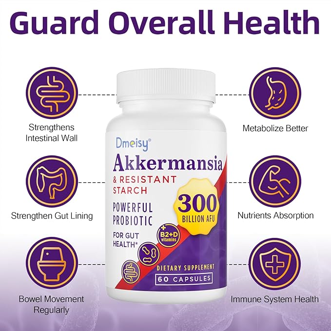 Akkermansia Supplement - 300 Billion AFU Akkermansia Muciniphila, Akkermansia Probiotic for Women & Men, for Boost, Digestive, Gut, Immunity, Enhances Gut Lining Function & Intestinal Walls, 120 Count