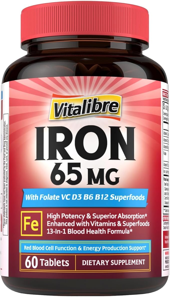 Iron Supplement for Women & Men, 65 mg, Ferrous Sulfate, Vitamin C, D3, B6, B12, Folate, Beet Root, Spinach, Pumpkin Seeds, Nettle, for Red Blood Cell & Energy Production, 60 Tablets