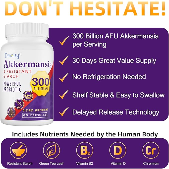 Akkermansia Supplement - 300 Billion AFU Akkermansia Muciniphila, Akkermansia Probiotic for Women & Men, for Boost , Digestive, Gut, Immunity, Enhances Gut Lining Function & Intestinal Walls, 60 Count