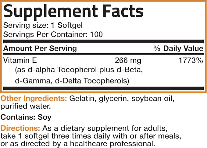 Bronson Vitamin E Complex 400 I.U. Supplement (d-Alpha Tocopherol Plus d-Beta, d-Gamma, & d-Delta Tocopherols), Antioxidant, 100 Softgels