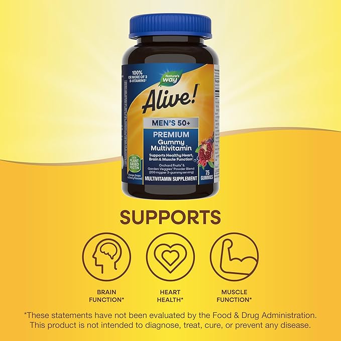 Nature’s Way Alive! Men’s 50+ Premium Gummy Multivitamin, Supports Healthy Heart, Brain & Muscle Function*, B-Vitamins, Vegetarian, Grape, Orange and Cherry Flavored, 75 Gummies