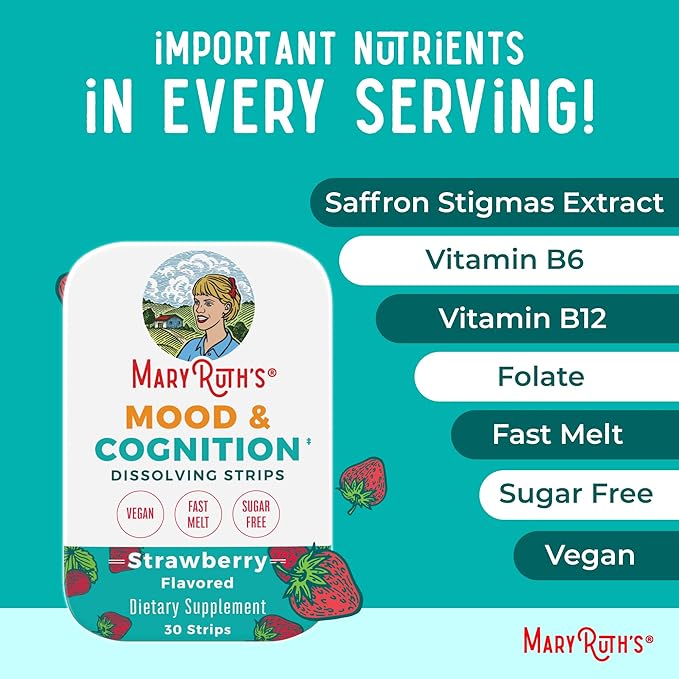Mood & Cognition Dissolving Strips by MaryRuth's | Vitamin B12 | Vitamin B6 | Saffron | Folate | B Vitamins | Sugar Free | Strawberry Flavor | Vegan | Gluten Free | Dairy Free | 30 Count