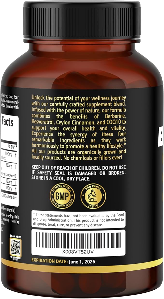 Earth Elixir 4-in-1 Berberine Supplement – Organic Berberine with Ceylon Cinnamon, CoQ10 Ubiquinol, and Resveratrol Powder – Metabolic & Cellular Energy Support, 180 Vegan Capsules