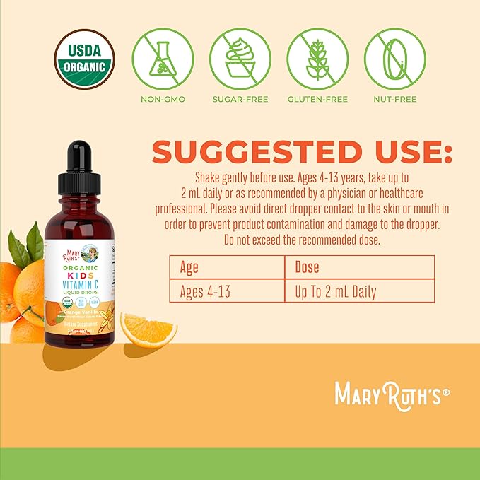 MARYRUTH'S Kids Vitamin C Drops | Vegan Immune Support Supplement for Ages 4-13 | Immune Support & Overall Health | Vitamin C from Organic Acerola Fruit Extract | 2oz