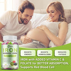 Iron Gummies for Women Men Vitamin Supplement 65mg & Vitamin C 250mg Per Serving with B6 B12 Folate- Energy Support for Iron Deficiency, Anemia, Vegan Raspberry Kiwi & Blackberry Flavor, 120 Gummies