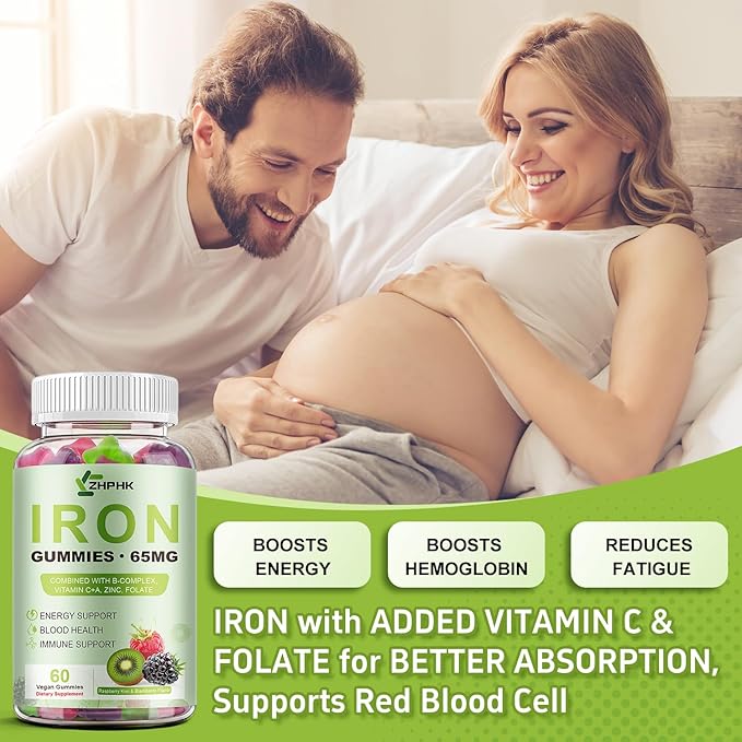 Iron Gummies for Women Men Vitamin Supplement 65mg & Vitamin C 250mg Per Serving with B6 B12 Folate- Energy Support for Iron Deficiency, Anemia, Vegan Raspberry Kiwi & Blackberry Flavor, 120 Gummies