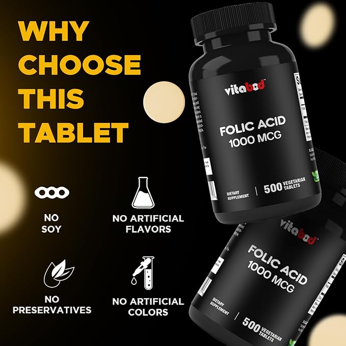 Folic Acid 1 mg (1000 mcg) (Vitamin B9) - 500 Vegetarian Tablets - an Essential Prenatal and Postnatal Vitamin