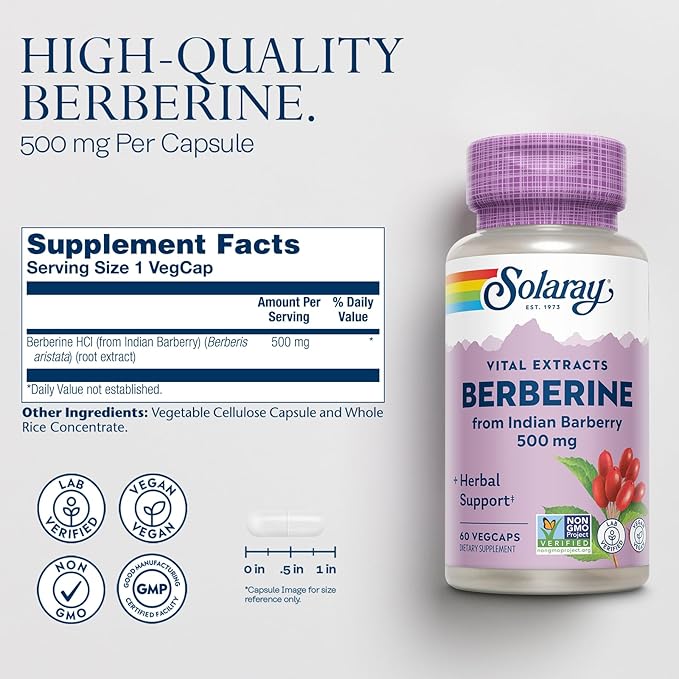 SOLARAY Berberine 500mg - Berberine Supplement for a Healthy, Active Lifestyle - with Berberine HCl from Indian Barberry - Vegan, Non-GMO, 60-Day Guarantee - 60 Servings, 60 VegCaps (60 CT)
