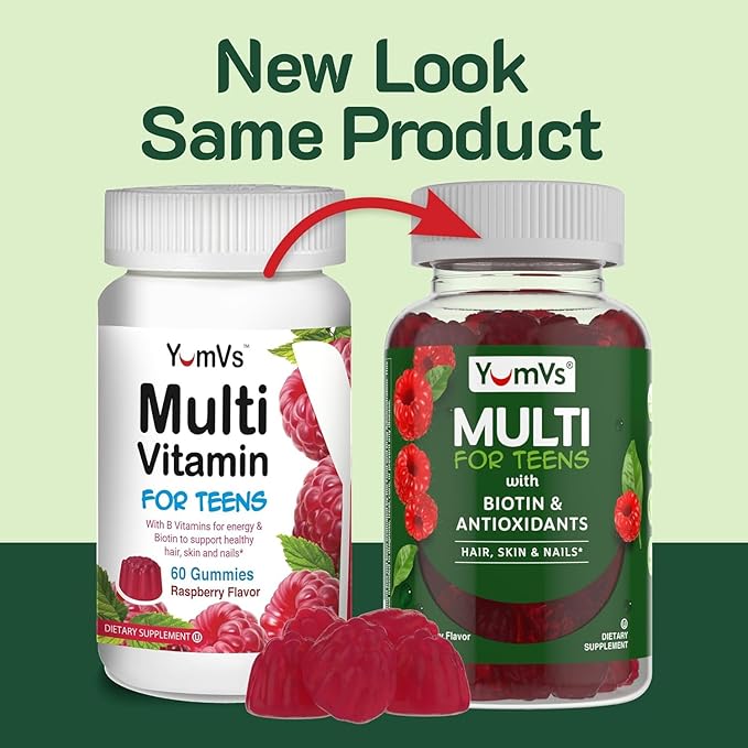 YumVs Teen Multivitamin Gummies with Biotin and Antioxidants - Raspberry Flavor - Hair Skin Nails Support - Kosher Teenager Vitamins for Boys and Girls 12-17 (60 Count (Pack of 2))