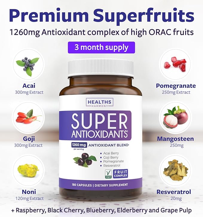 Super Antioxidants Supplement for Women & Men - High Potency Herbal & Fruit Blend with Acai, Goji, Pomegranate, Elderberry & Resveratrol for Skin Care & Immune Support - Vegan & Non-GMO - 180 Capsules