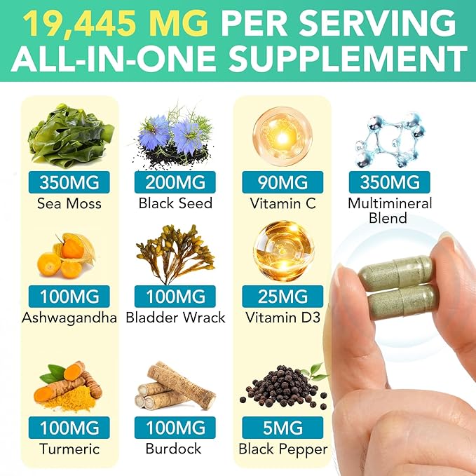 Sea Moss Black Seed Oil Ashwagandha Ginger, Sea Moss Capsule Supplement with Turmeric Burdock Root Bladderwrack Vitamin C Vitamin D3 Enhanced Immunity & Energy Black Seed Oil Capsule 60 Count