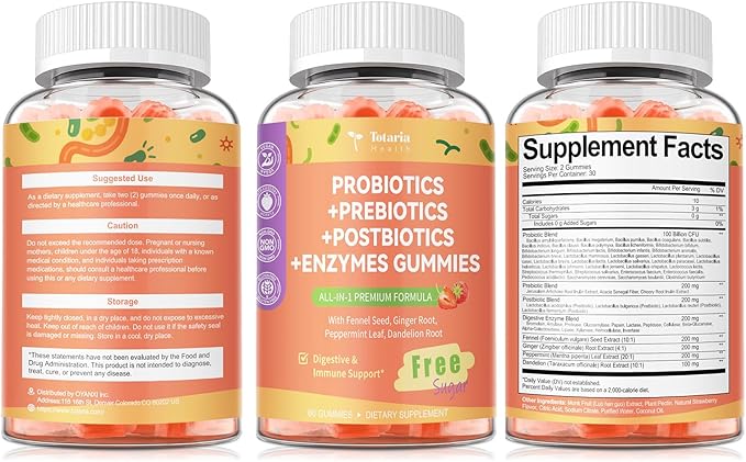 Totaria Sugar Free 5-in-1 Probiotic Prebiotic Postbiotic Gummy, 36 Strains Probiotics for Women Men with Digestive Enzymes, Peppermint, Complete Immune, Gut & Digestive Support, Vegan, 60 Counts