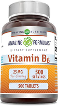 Amazing Formulas Vitamin B6 (Pyridoxine) 25 Mg Supplement | Tablets | Non-GMO | Gluten-Free | Made in USA (1 Pack | 500 Count)