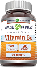 Amazing Formulas Vitamin B6 (Pyridoxine) 25 Mg Supplement | Tablets | Non-GMO | Gluten-Free | Made in USA (1 Pack | 500 Count)