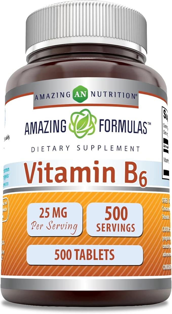 Amazing Formulas Vitamin B6 (Pyridoxine) 25 Mg Supplement | Tablets | Non-GMO | Gluten-Free | Made in USA (1 Pack | 500 Count)