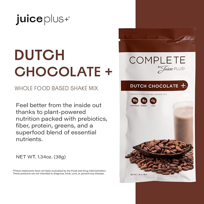 Complete by JuicePlus+ Single Serve Dutch Chocolate Shakes - Plant-Based Nutrition - Vegan, Gluten-Free, Non-GMO, Kosher, Whole Food Based Shake Powder with Protein, Fiber & Prebiotics - 15 Servings