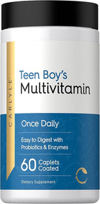 Carlyle Teen Multivitamin for Boys | 60 Caplets | Once Daily | Easy to Digest with Probiotics & Enzymes | with Iron | Non-GMO, Gluten Free