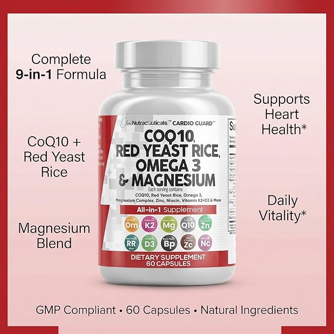Clean Nutraceuticals COQ10 200mg Red Yeast Rice Omega 3 Magnesium Complex 500mg Niacin Zinc Vitamin K2 D3 - Heart Support Vitamins for Women & Men w/Vitamin B3, Coenzyme Q10-60 Ct