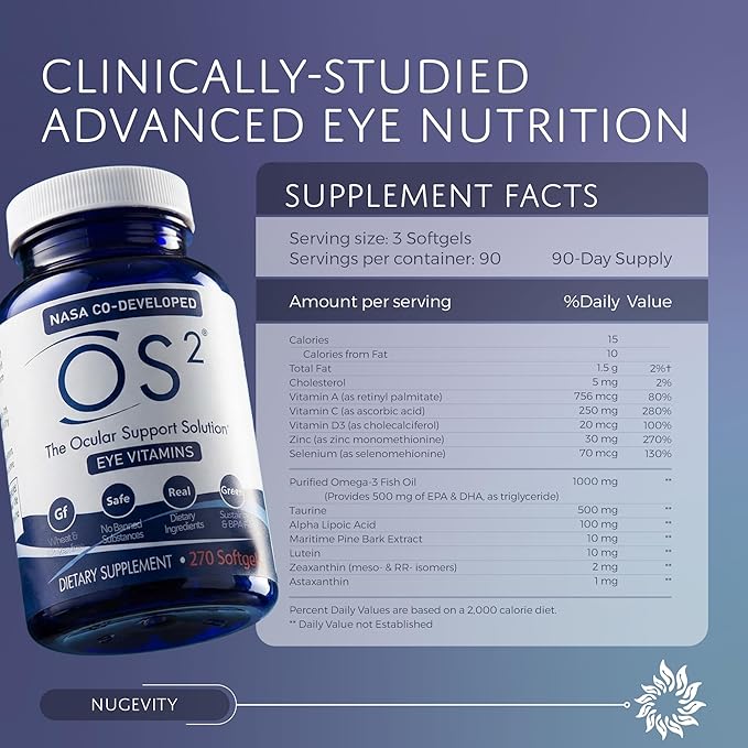 OS2 Ocular Support Solution - Patented Eye Vitamins for Macular Health, Dry Eye and Blue Light - Lutein, Zeaxanthin, Omega 3, Astaxanthin and AREDS2 Supplements, Co-Developed by NASA, 270 ct