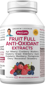 ANDREW LESSMAN Fruit Full Anti-Oxidant Extracts 30 Capsules - 14 Natural Fruit and Berry Extracts. Bilberry, Cranberry, Grape Seed, Pomegranate, Resveratrol, and More. Easy to Swallow Capsules