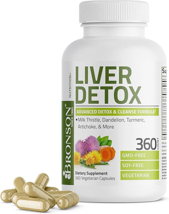 Bronson Liver Detox Advanced Detox & Cleansing Formula Supports Health Liver Function with Milk Thistle, Dandelion Extract, Turmeric, Artichoke Leaf & More, Non-GMO, 360 Vegetarian Capsules