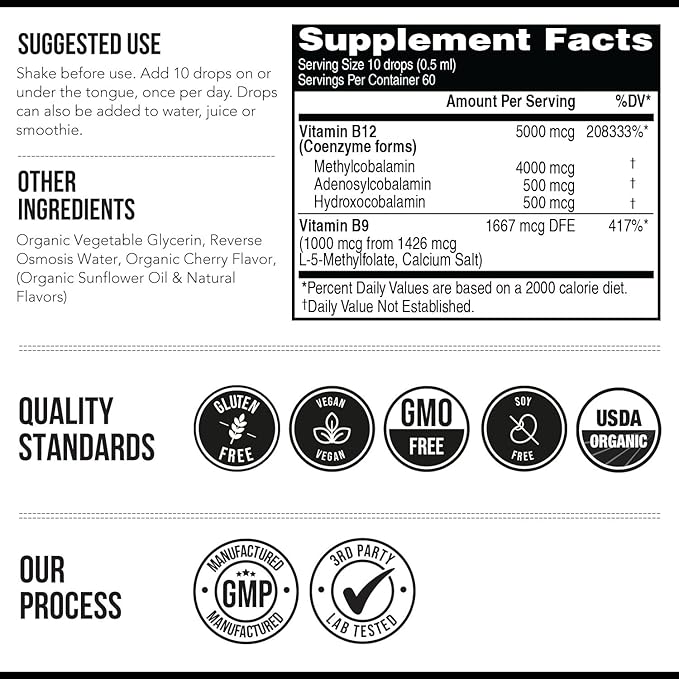 BioActive Vitamin B12 5000 mcg | 3 BioActive Forms Plus Methylfolate Cofactor - Methylcobalamin, Adenosyl & Hydroxy | Sublingual Liquid Drops, Berry Flavor, Organic, Non-GMO, Vegan (1 oz)