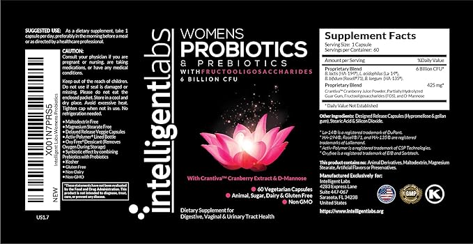 Intelligent Labs Women's Probiotics Formula with Cranberry Extract, D-Mannose and Prebiotics All in one, 6 Billion CFU Probiotic, One Capsule a Day, 60-Day Supply, Third-Party Verified for Purity