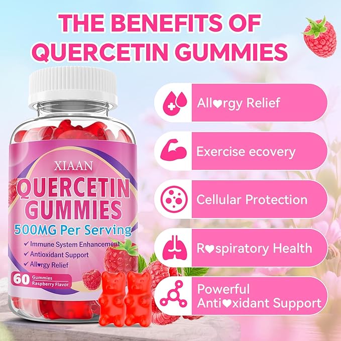 Quercetin Gummies 500mg for Kids & Adults, Organic Quercetin Supplements with Bromelain Zinc Vitamin C and D3 Support Antioxidant & Immune System Health, Strawberry Flavor 60 Count