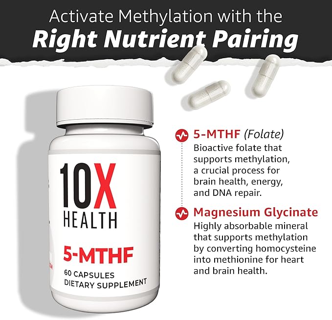10X Health 5-MTHF Methylfolate - Methylated Folate & Magnesium for Brain, Heart Health, DNA & Neurotransmitter Synthesis - Bioavailable Methyl Folate Supplement - Methylfolate Supplement 60 Capsules