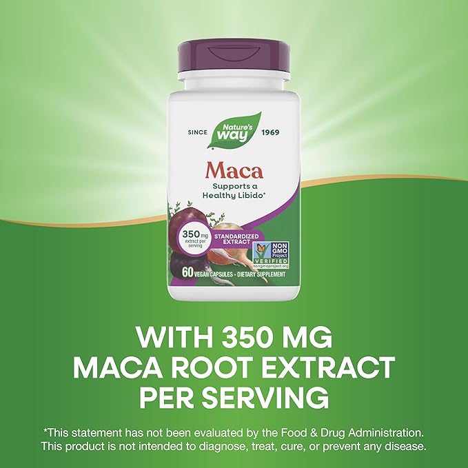 Nature's Way Maca Standardized Extract, Supports a Healthy Libido*, Standardized to 0.6% Glucosinolates, Non-GMO Project Verified, 60 Vegan Capsules (Packaging May Vary)