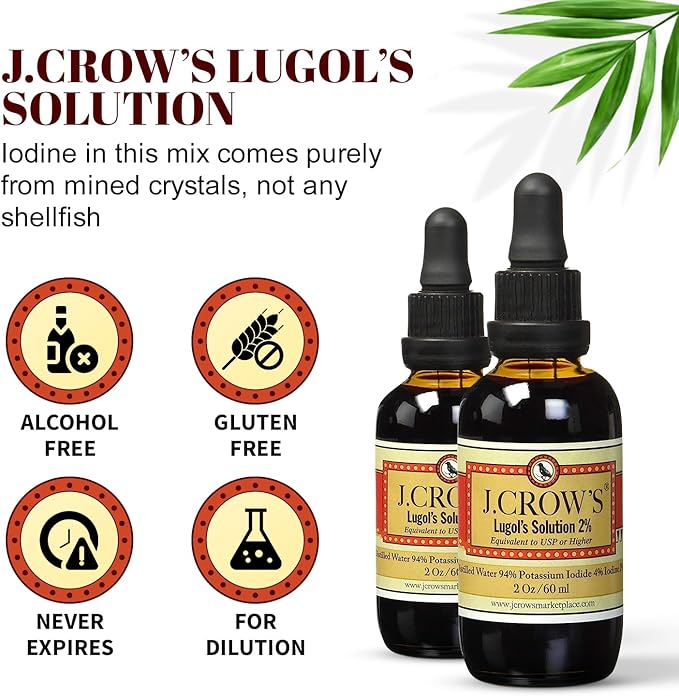 J.CROW'S® Lugol's Solution of Iodine 2% 2 oz (3 Bottles) – Premium Iodine & Potassium Iodide Liquid, Gluten &, Alcohol-Free Natural Brine Extract, No Expiration