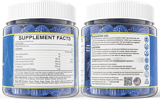 Methylene Blue Gummies 7mg Per Serving for Humans | Upgraded Antioxidant & Brain Booster Supplement for Cognitive Function, Energy, Cellular & Mitochondrial Health | Pure, Vegan, 60 Counts