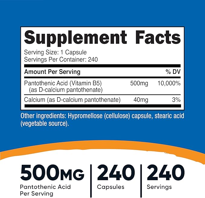 Nutricost Pantothenic Acid (Vitamin B5) 500mg, 240 Capsules (3 Bottles)