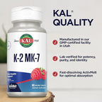 KAL Vitamin K2 MK7 ActivMelt 100 mcg Tablets - Vitamin K Supplement for Nutritional Support for Women & Men, Non-GMO, Vegan, Gluten Free - Natural Raspberry Flavor, 60 Micro Tablets