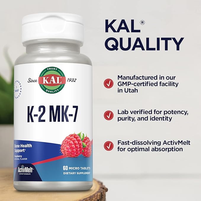 KAL Vitamin K2 MK7 ActivMelt 100 mcg Tablets - Vitamin K Supplement for Nutritional Support for Women & Men, Non-GMO, Vegan, Gluten Free - Natural Raspberry Flavor, 60 Micro Tablets
