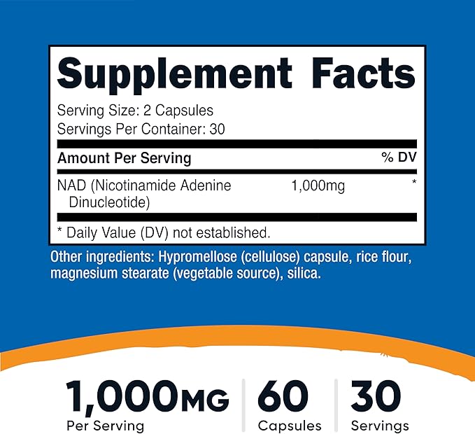 Nutricost NAD+ Supplement (1,000mg) 60 Capsules - Nicotinamide Adenine Dinucleotide, Vegan, GMO-Free, Gluten-Free, 30 Servings
