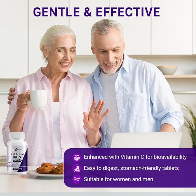 Heivy Ferrous Sulfate 325mg, Iron 65mg, Iron with Vitamin C – High Potency Iron Supplement for Women & Men – Premium Pure Ingredients, Gentle on Stomach, 240 Tablets, Made in USA