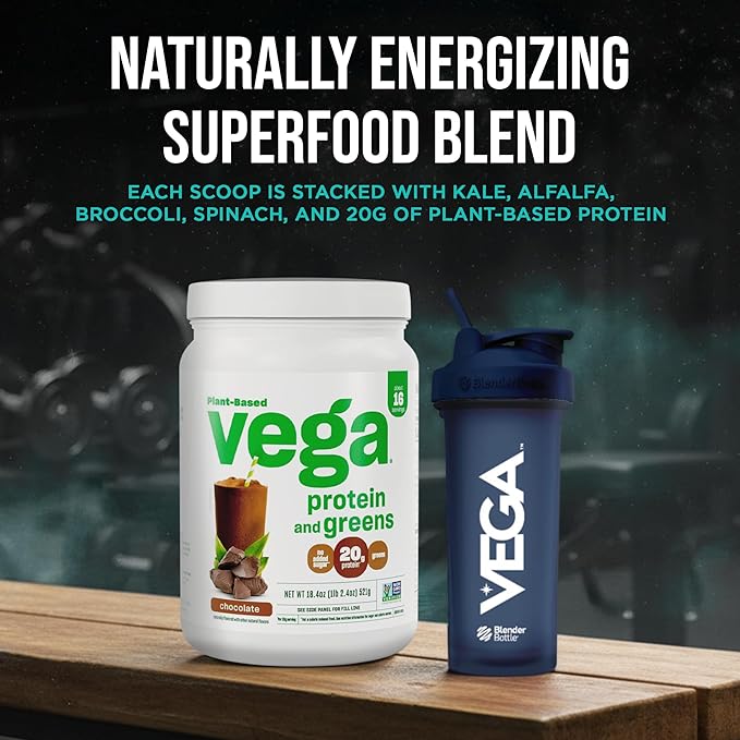 Vega Premium Protein + Supergreens, Chocolate – 20g Vegan Protein, Dairy & Gluten Free, 19.2 oz (16 Servings)