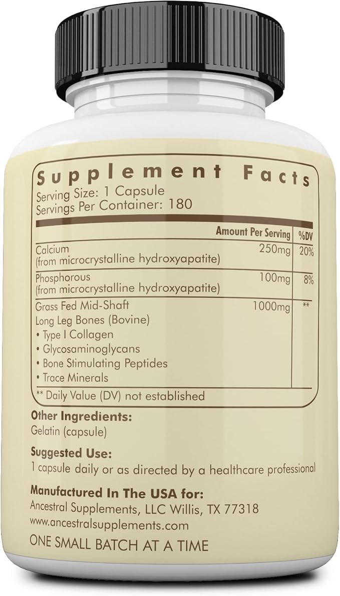Ancestral Supplements Grass Fed Beef Living Bone Supplement, Bone Meal Capsules Support Bone Health, Oral and Joint Health and Flexibility, Non-GMO, 180 Capsules (Pack of 2)