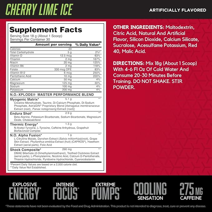 BSN N.O.-XPLODE Cool Rush Pre Workout Powder, Preworkout Energy Supplement for Men and Women with Creatine and Beta-Alanine, Cherry Lime Ice, 30 Servings, 1.2 Pound (Packaging May Vary)