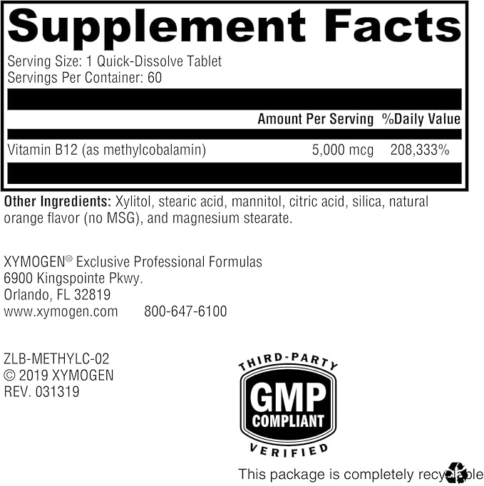 XYMOGEN Methylcobalamin - 5 mg Vitamin B12 - Supports Healthy Methylation, Neurological Health & Red Blood Cell Formation - Non-GMO & Gluten Free - 60 Quick-Disssolve Tablets