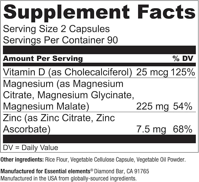 Essential Elements Magnesium Plus Zinc with Vitamin D3 - Scientifically Formulated Heart, Bone, & Muscle Support - 225mg Triple-Strength Magnesium Complex with Glycinate, Malate, Citrate - 540 Count