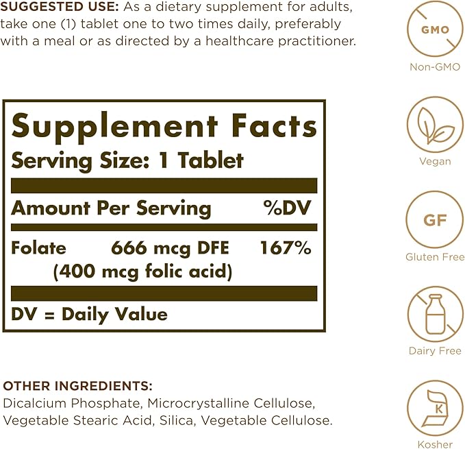 Solgar Folic Acid Tablets, 400 mcg, 250 Count